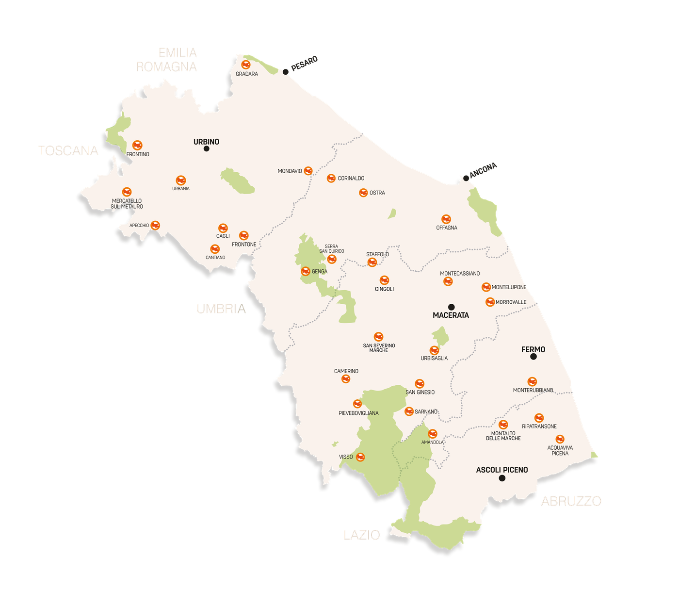 Cartina delle Marche con i borghi Bandiera Arancione