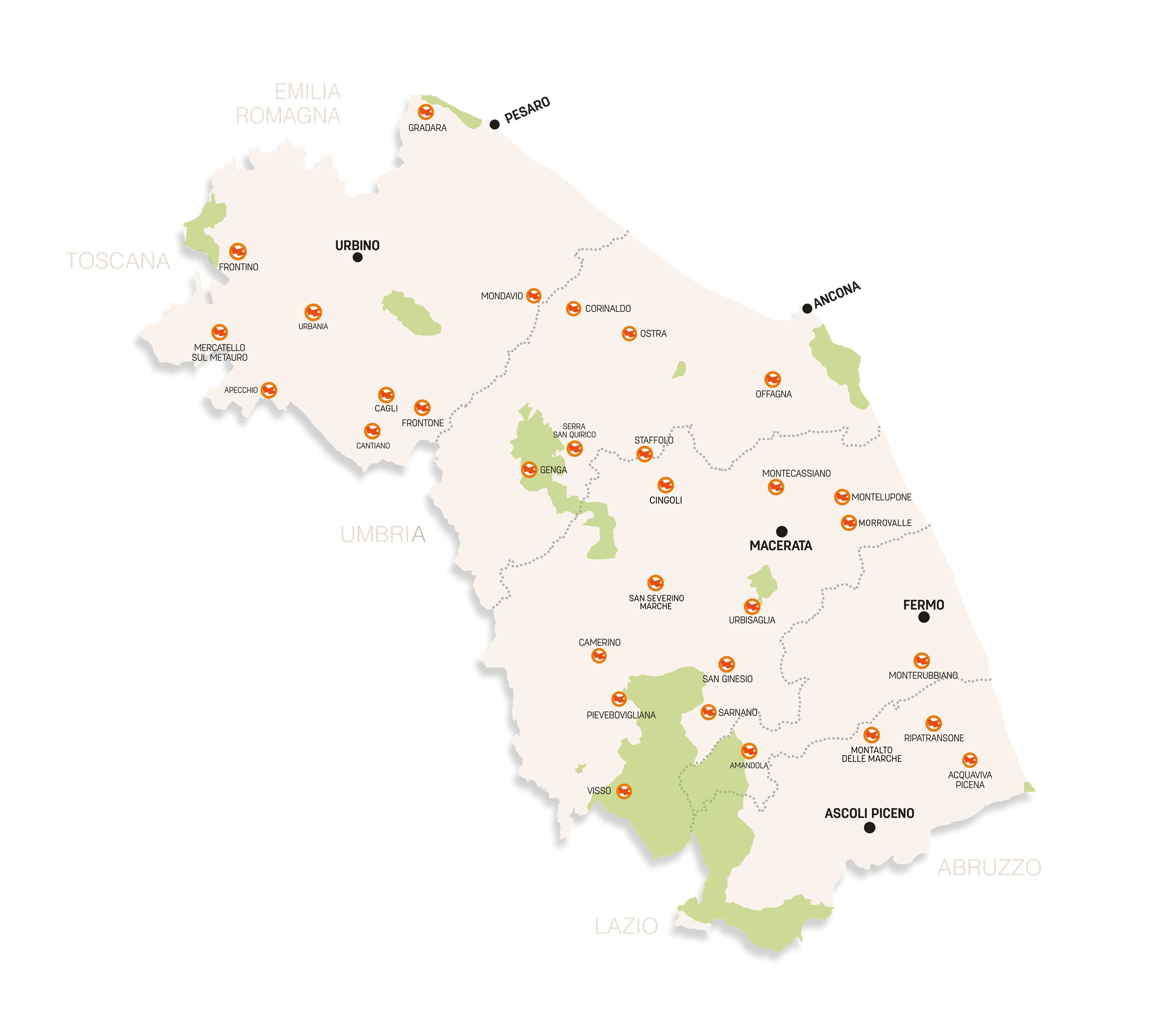 Mappa dei borghi Bandiera Arancione delle Marche